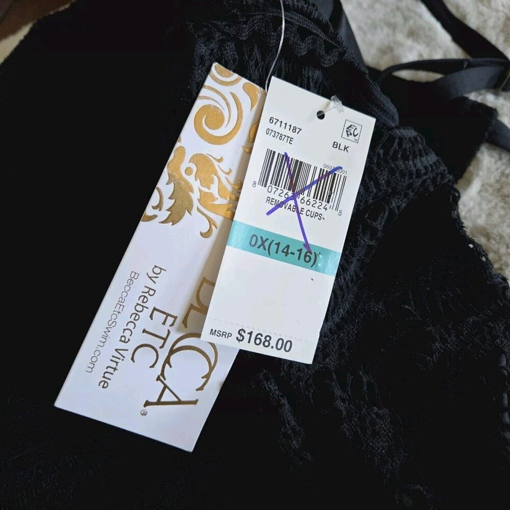 Becca ETC. Plus Black Crochet High-Neck Illusion One Piece Swimsuit 1X NWT $168 - Picture 5 of 6